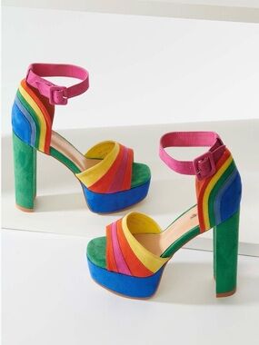 Unique Vintage Peep Toe Rainbow Platform Ankle-Strap Heels